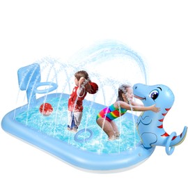 Splash Pad Sprinklers for Kids, 3 in 1 Inflatable Kiddie Pool Play Center Including Basketball Game and Ring Toss Game, 63inch Dinosaur Design Indoor Outdoor Water Play Mat for Toddlers 3-5 Boys Girls