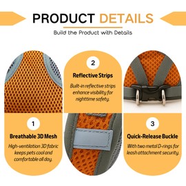 Petty Perry Small Dog Harness and Leash Set, Adjustable Step-in Dog Harness with Back Clip, Reflective Escape Proof Easy Walk Dog Harness for Small Sized Dog, Puppy, Cats (OrangeGrey M)