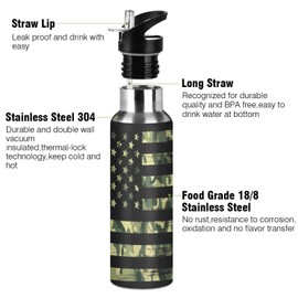 Kcldeci Camouflage American Flag Sports Water Bottle 20 Oz Straw Lid Leak Proof Vacuum Insulated Stainless Steel Water Bottles Hot Cold Double Walled Thermo Mug Tumbler Travel Cup