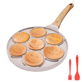 Bobikuke Pancake Pan Induction for Kids, Pancake Shapes Pan, Mini Pancakes Maker Nonstick Pancake Griddle 7 Holes Smiley Face Pancake Mold for Breakfast, 10 Inch (White)