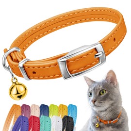 CollarDirect Leather Cat Collar, Kitten Collar with Removable Bell Black Blue Red Orange Lime Green (6-7 Inch, Orange)