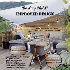 Portable Newborn Baby Bassinet Bed, 3-in-1 Convertible Cot: Co-Sleeper Crib, Rocking Cradle & Moving Bassinet. Foldable, Large Sturdy Wheels, Mattress & Mosquito Net. Wood Finish & Durable Grey Fabric