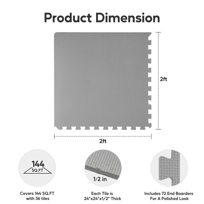 HealSmart 0.5" Thick 144 Sq Ft Exercise Floor Mat, EVA