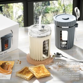 PUNLUXU Overnight Oat Jars With Scoop And Lid 16 OZ [2 Pack], Airtight Oatmeal Container With Measurement Mark, Mason Jar With Sealed Lid And Straw, Cereal Container For On-The-Go (Gray And Off-White)