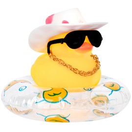 wonuu Car Rubber Duck, Yellow Duck Decoration Dashboard with Sun Hat Swim Ring Necklace Sunglasses for Car Dashboard Decorations, Pink White Cowboy Hat-Transparent