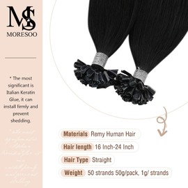 Moresoo Real Hair Bondings Extensions Black 1g Remy Pre Bonded U-Tip Extensions Real Hair Black 50 Pieces Hot Fusion Keratin Bondings Real Hair Extensions 50 g 20 Inches / 50 cm