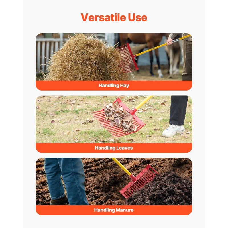 Durable 61-Tine Manure Fork with 18 Angled Fiberglass Handle Long