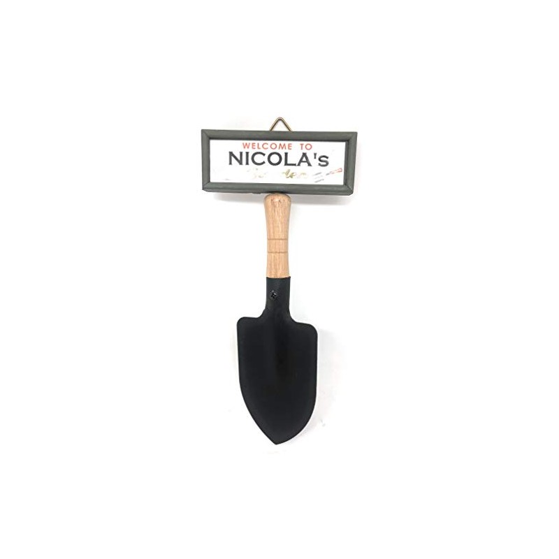 "Welcome to Nicola's garden" hanging shovel sign