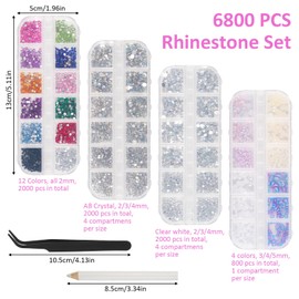 6800 Pieces Rhinestones, Glitter Stones and Semicircular Pearls Nails Rhinestones, AB Crystal Rhinestones, with Tweezers and Pen, Flatback Rhinestones for Nail/DIY (Multiple Sizes and Colours)
