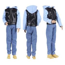 E-TING Leather Mannish Jacket Sack Coat Pack, 3 Sets=6 Item Clothes T-Shirt Pants Jeans Clothing Casual Wear Outfits + 3 Pair Shoes for 12-inch Doll (Random Style)