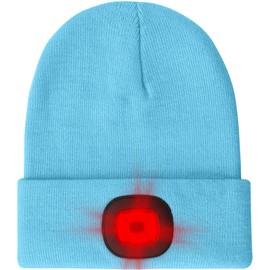 ATNKE LED Lighted Beanie Hat,USB Rechargeable 8 LED Red Glow Flashing Run Headlamp Lined Fleece Cap for Men and Women/#Light Blue