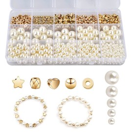 White Beads for Threading, 720 Pieces White Faux Pearls, Craft Beads and Gold Spacer Beads with Storage Box, 4/6/8/10/12 mm Loose Beads for Necklaces, Bracelets, Jewellery Making