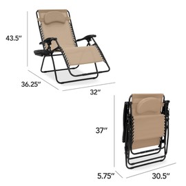 Best Choice Products Oversized Zero Gravity Chair, Folding Outdoor Patio Lounge Recliner w/Cup Holder Accessory Tray, Pillow - Sand/Black