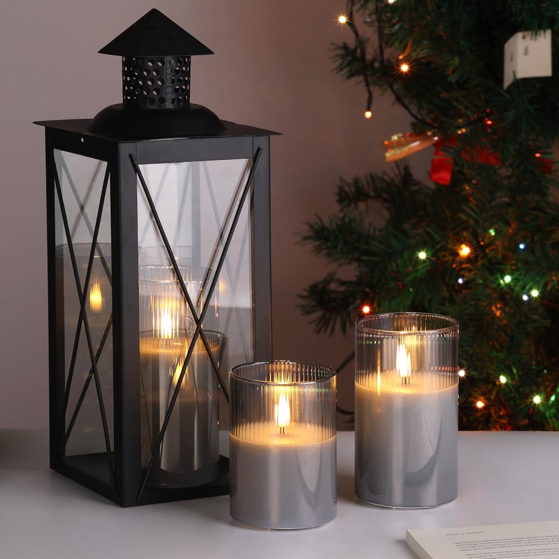 Eywamage Smoke Grey Glass Flameless Candles with Remote, Ribbed LED