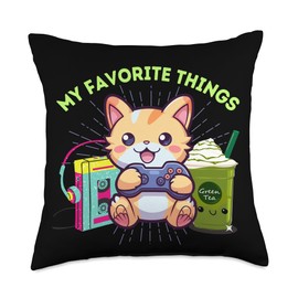 I Love The 80s Gaming Cats Matcha & Kawaii My Favorite Things Gamer Cat Gaming Iced Matcha & The 80s Throw Pillow, 18x18, Multicolor