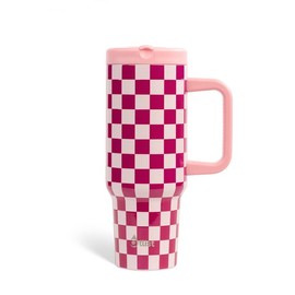 【Bestgift】100% Leakproof 40 oz Tumbler with Handle | Built-In Flip Straw | Easy-to-Twist Lid | Insulated Stainless Steel Cup:_Pink Check