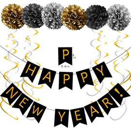 Saliyaa Gold & Black Happy New Year Banner for 2024 New Years Eve Party Supplies,Farewell 2023 Hello 2024 Happy New Year Decorations