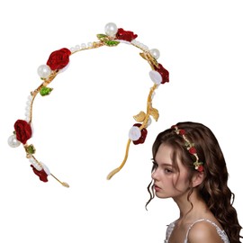 BYETOCE Red Rose Metal Hair Wreath Pearl Floral Flower Crown Headpiece Dainty Forest Style Headband Artificial Roses Hair Accessories for Girl and Flower Girls Bridal Wedding Party Photos