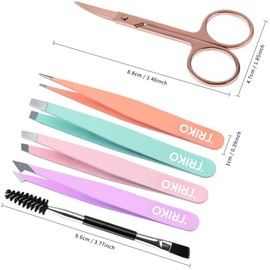 Triko Juego de Pinzas de Depilar para Cejas con Tijeras Curvadas, Juego de 6 Pinzas Profesionales para Cejas, Herramientas de Belleza con Estuche de viaje de cuero (Multicolor)