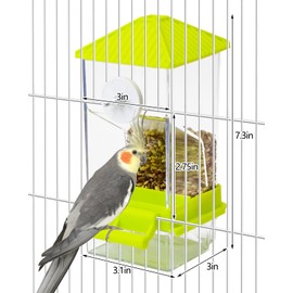BNOSDM No Mess Automatic Bird Feeder Anti-Splash Bird Feeder Acrylic Transparent Food Container Parrot Cage Accessories for Parakeets Budgies Lovebirds Cockatoos Conures Finches (Green)