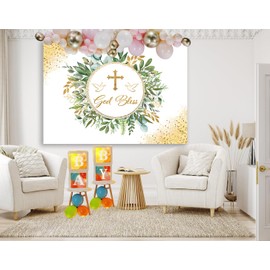 LYRYGS 7X5ft Greenery God Bless Backdrop First Communion Baptism Party Background Green Leaves Baby Shower Party Decor Background Banner for Boy Girls CA-cp-526