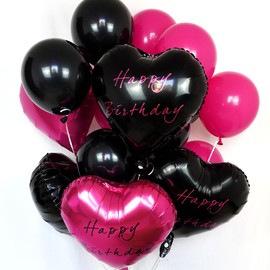 Black and Hot Pink Happy Birthday Balloons for Women Girls, Hot Pink Black Foil Heart Birthday Balloons and Rose Red Black Latex Balloons for 1st 10 13 Sweet 16 18 21st 30 40 50 60 70 Birthday Party