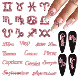 DANNEASY 24pcs Pink Zodiac Signs Nail Charms 3D Zodiac Letters Jewels 12 Constellation Flat-back Rhinestones Charms for Nails Studs Nail Art Decoration for Craft Manicure Salon