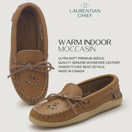Laurentian Chief Moccasin Leather Moccasins Women with 8-Hole Kabir Collar & Natural Rubber Sole, Leather Beaded Womens Leather Moccasins, Comfortable Stylish Indoor & Outdoor Slippers –09, Cork