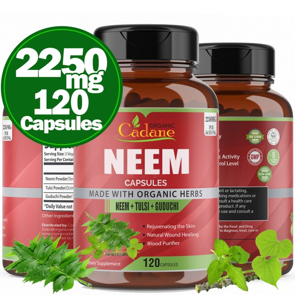 Neem Leaves Powder 2250mg with Tulsi, Guduchi ,120 Capsules | Support Immune System, Liver Function | Non-GMO Vegan Gluten Free Fresh Pure Leaf Herbs | Promotes Skin Health, Antioxidants Supplements