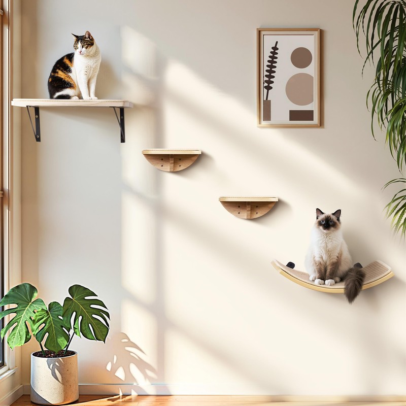 Wood Cat Wall Shelves with Sisal Cats Window Perch, Wall