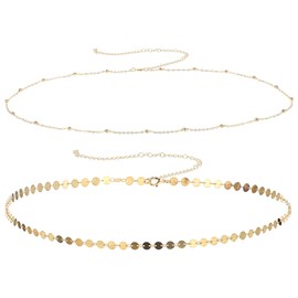 COMNICO Gold Waist Chain, 2Pcs Layered Belly Chain Adjustable Metal Link Body Chain Belt Waterproof Bikini Waist Beads Chain Dainty Satellite Beads Coin Chain Jewelry Gifts for Women