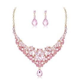 Clearine Wedding Jewellery Set for Women Bride, Gorgeous Stunning Crystal Marquise Teardrop Cluster Statement Necklace Dangle Drop Earrings for Bridal Bridesmaid Prom Accessories Pink Gold-Tone