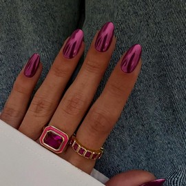 Dark Pink Purple Chrome Press on Nails Medium Oval, SXVME Chrome Fake Nails Plating Mirror Metal Glue on Nails, Acrylic Nails Metallic Nails Press ons, False Nails Medium Length in 24PCS