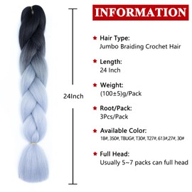 Xtrend 24 Inch 3 Packs Ombre Jumbo Braiding Hair Synthetic Ombre Braiding Hair High Temperature Synthetic Crochet Braids Hair Extensions for Women (3 Packs, Ombre Grey#)