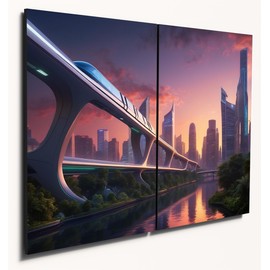 The Plum Penguin Futuristic Cityscape A4 Wood Wall Art - Monorail & Neon Skyscrapers Reflection Canvas Alternative 40 x 30cm