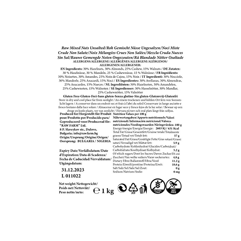 1 kg Raw Mixed Nuts - Hazelnut, Almond, Cashew, Walnut