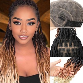 SIMIWALI Brown with Blonde Goddess Faux Locs Wigs for Black Women Full Lace Knotless Glueless Boho Curly Braid Wig with Baby Hair 200 Density Dreadlock Hippie Locs Twist Synthetic Wig 30 In
