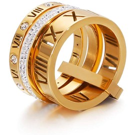 Jarlinwel Stainless Steel CZ Zirconia Roman Numeral Ring For Women Stacking Thumb 3 in 1 Spinner Rings (Gold, 8 Runs small)