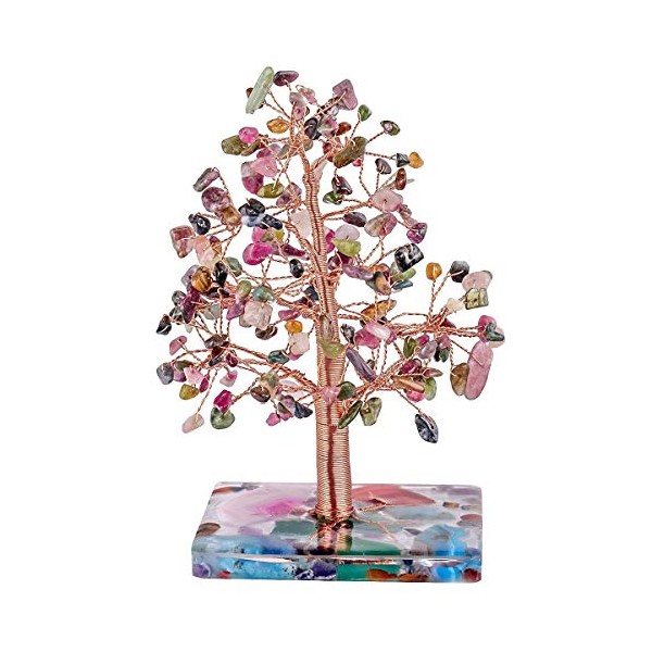 SUNYIK Handmade Natural Tourmaline Crystal Stone Money Tree Set on Orgone Agate Slice Base, Tree of Life Healing Crystals Chip Stone Figurine Decoration for Wealth and Luck 4.7''-6'' Tall