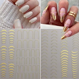 Gold Nail Art Stickers Metallic Line Nail Decals 3D Self-Adhesive Gold Silver Curve Stripe Wave Nail Design Luxury French Tip Manicure Nail Art Supplies for Women Acrylic Nails Decoration 8 Sheets