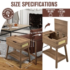 TATOZA End Table with Charging Station, Flip Top Side Table with Hidden Outlets, Mid Century Nightstand for Living Room Bedroom, Small Space（Brown）