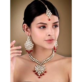 Aheli Wedding Designer Faux Kundan Pearl Necklace with Maang Tikka Set Indian Bridal Ethnic Traditional Jewelry Set Gift for Women