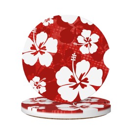 Delerain Hibiscus Flowers Car Cup Holder Coasters, 2 Pack Ceramic Car Cup Coaster Universal Absorbent Non-Slip Cork Base Drink Coasters with Finger Notch for Easy Move