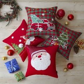Phantoscope Christmas Pillow Covers Cotton Embroidered Santa, Tree, Car and Reindeer Red and Green Buffalo Plaid Checkers Xmas Decorative Throw Pillows Pack of 4, 18 x 18 inches 45 x 45 cm