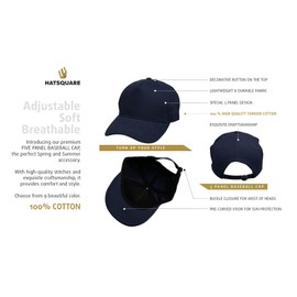 HATSQUARE Cotton Summer 5 Panel Baseball Cap, Unisex Sports Cap, Men Breathable Sports Hat, Women Twill Cap, Adjustable Cap, Dark Blue, One Size