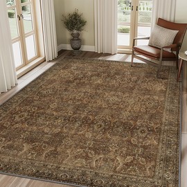 BESBLEE 6X9 Area Rugs Machine Washable Rugs for Living Room, Vintage Boho Large Rugs for Bedroom Dining Room, Non Slip Indoor Soft Distressed Lightweight Thin Low Pile Carpet, Rustic Brown