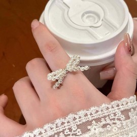 Inilbran Boho Pearl Bow Finger Ring White Pearl Open Knuckle Vintage Bowtie Wrap Butterfly Knot Adjustable Stacking Jewelry for Women