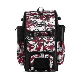 Boombah Rolling Superpack Baseball/Softball Gear Bag - 23-1/2" x 13-1/2" x 9-1/2" - Digital Camo Black/Cardinal - Telescopic Handle - Holds 4 Bats - Wheeled Version