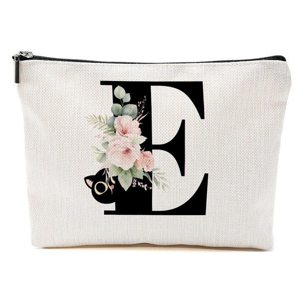 CFGBFDGH Floral Cat Initial Makeup Bag, Personalized Skin Care Bag,