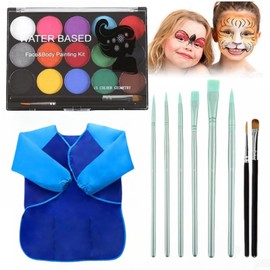 Children's Make-Up Set, 15 Colours Face Paints, Children's Make-Up, Carnival Make-Up, Body Painting Colours with 7 Brushes and Blue Apron for Christmas, Carnival, Easter
